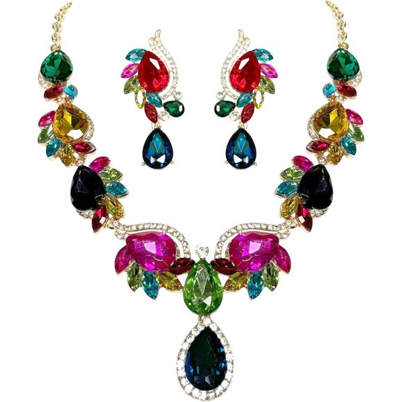 Jewelry - Women Jewelry Set Rhinestone Crystal Bride Statement Choker Necklace Teardrop Cl